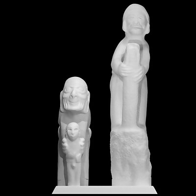 Limestone figure of an old man and boy and Stone figure of old man holding a serpent staff