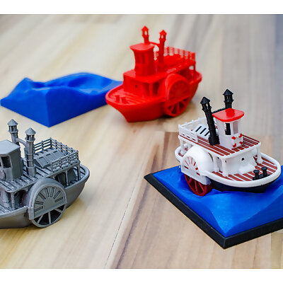 Old paddlewheel steam boat with display stand visual benchy