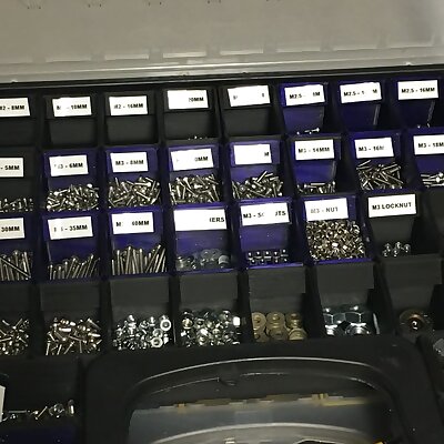 Small parts bin with a label area