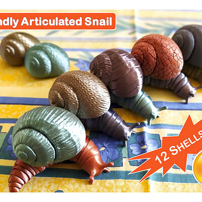 Friendly articulated snail with 12 different shells