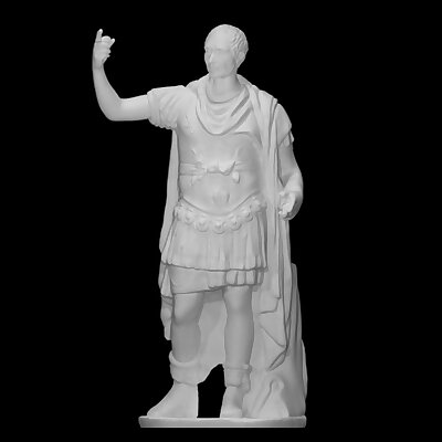 Figure in military uniform with a modern head of Julius Caesar