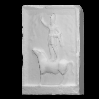 Carved stone slab of man standing on horse