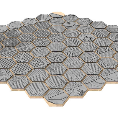 3D printable industrial textured 61 hexagonal bases for wargame 125