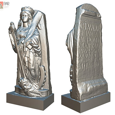 Sculpture of Saint Catherine and Roman inscription
