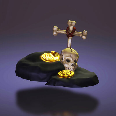 Skull and coins on rock